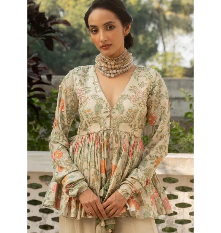 Ivory Floral Print Embroidered Peplum Set