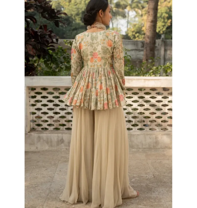 Ivory Floral Print Embroidered Peplum Set