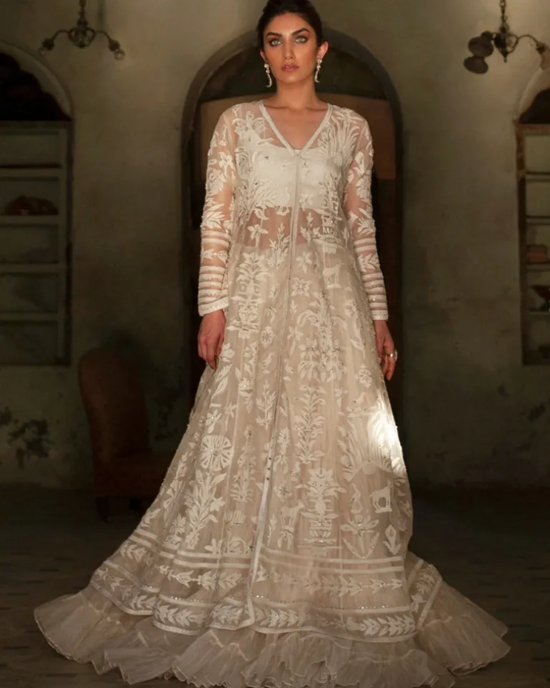Ivory Kalidar With Voluminous Crushed Silk Lehenga Set