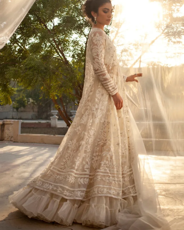 Ivory Kalidar With Voluminous Crushed Silk Lehenga Set