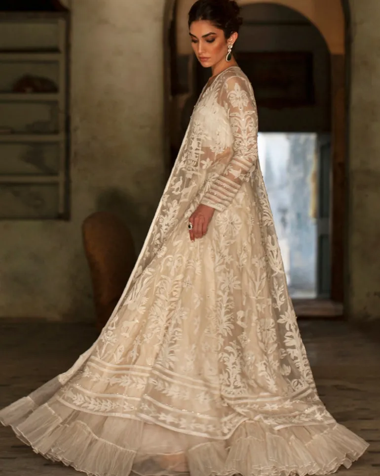 Ivory Kalidar With Voluminous Crushed Silk Lehenga Set