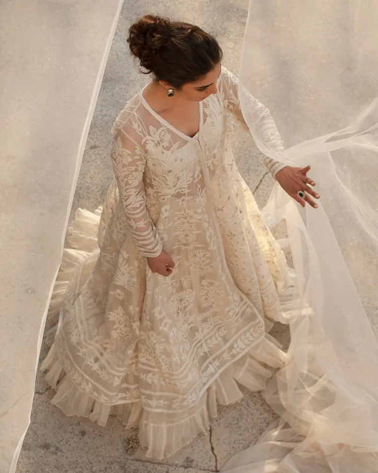 Ivory Kalidar With Voluminous Crushed Silk Lehenga Set