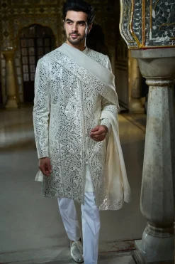Ivory Mirror Work Sherwani Set