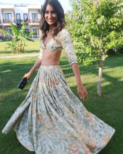 Ivory Orange Floral Printed Elbow Sleeve Lehenga Set