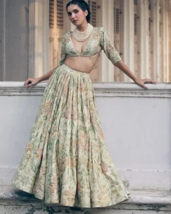 Ivory Orange Floral Printed Elbow Sleeve Lehenga Set