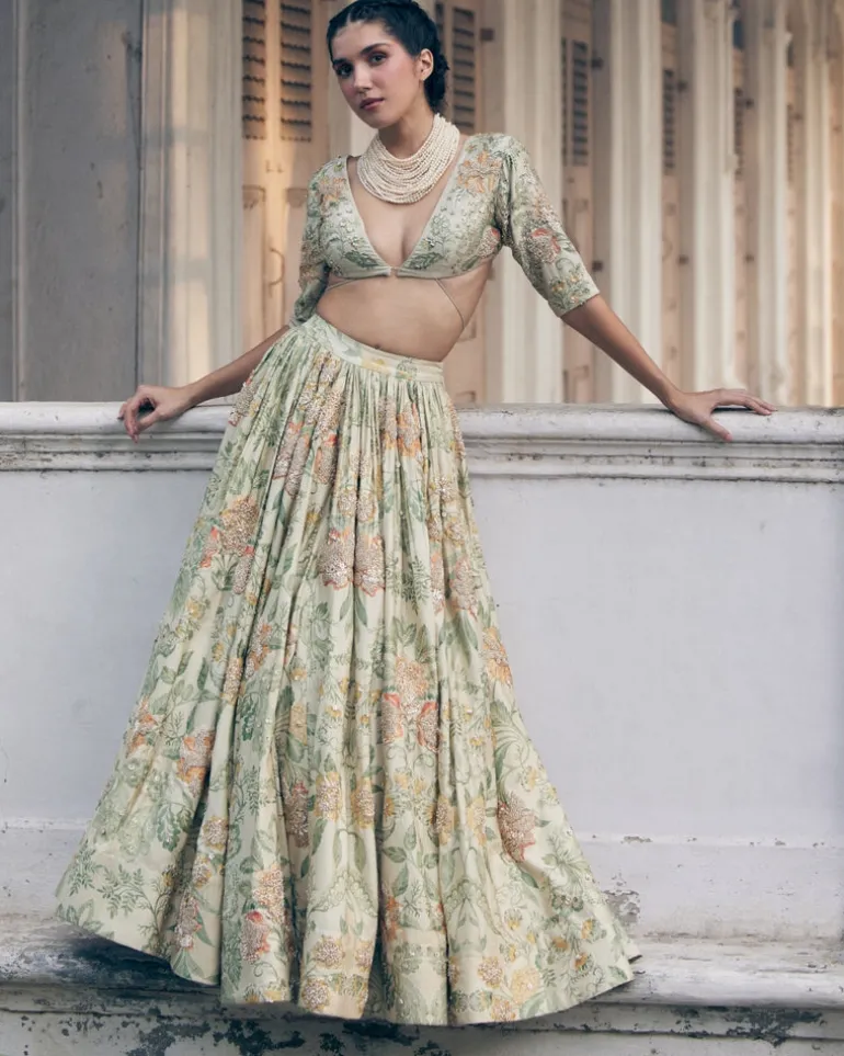 Ivory Orange Floral Printed Elbow Sleeve Lehenga Set