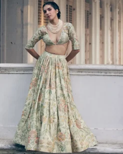 Ivory Orange Floral Printed Elbow Sleeve Lehenga Set