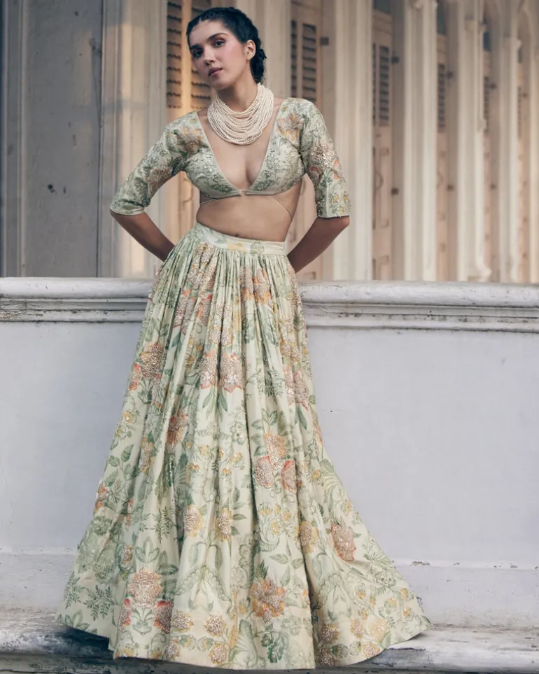 Ivory Orange Floral Printed Elbow Sleeve Lehenga Set