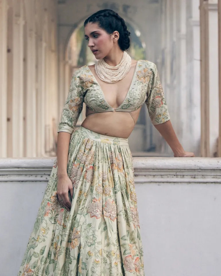 Ivory Orange Floral Printed Elbow Sleeve Lehenga Set