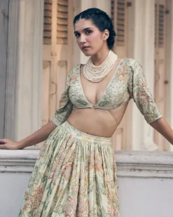 Ivory Orange Floral Printed Elbow Sleeve Lehenga Set