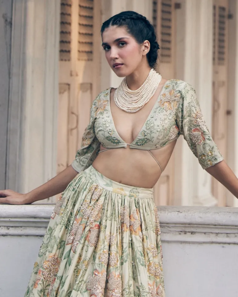 Ivory Orange Floral Printed Elbow Sleeve Lehenga Set