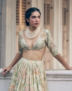 Ivory Orange Floral Printed Elbow Sleeve Lehenga Set