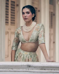 Ivory Orange Floral Printed Elbow Sleeve Lehenga Set