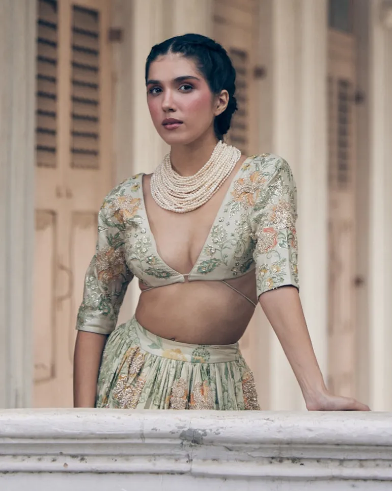 Ivory Orange Floral Printed Elbow Sleeve Lehenga Set