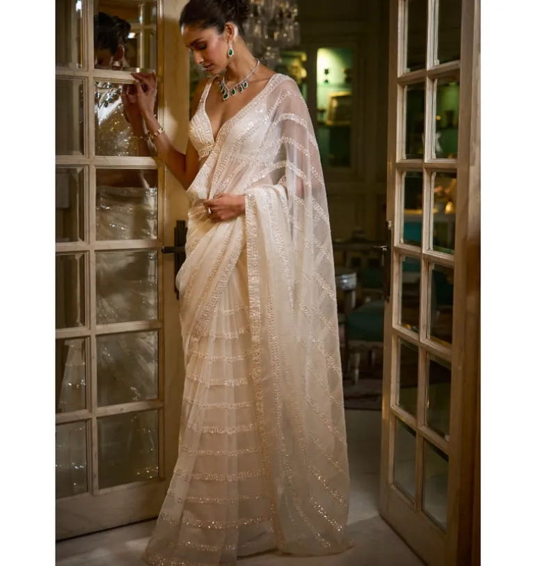Ivory Organza Sequin Sari