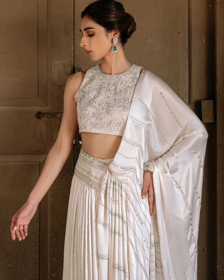 Ivory Satin Silk Drape Sari Set