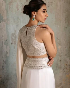 Ivory Satin Silk Drape Sari Set