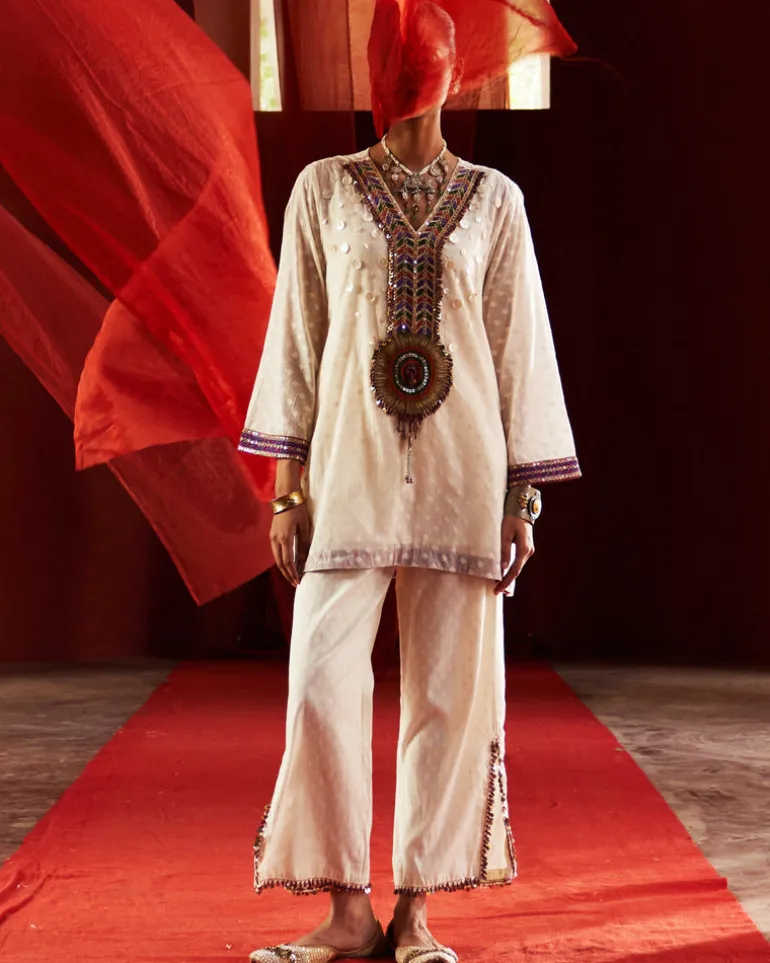 Ivory Short Kurta & Slit Pant Set