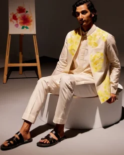 Ivory Silk Chanderi Kurta And Hand-Painted Bandi Set