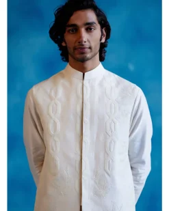Ivory Silk Chanderi Kurta And Embroidered Bandi Set