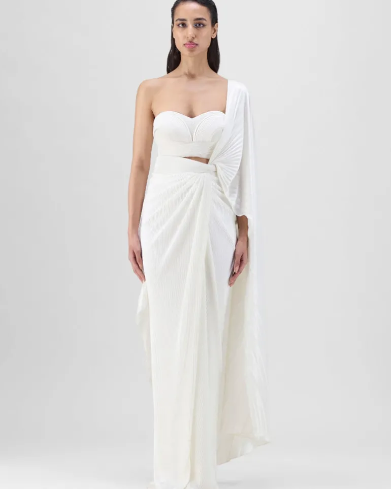 Ivory Structured Blouse With Drape Skirt Set