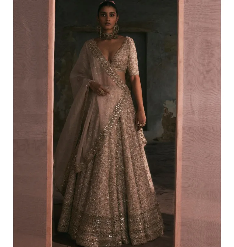 Ivory Thread Work, Sequin And Mirror Work Lehenga Set
