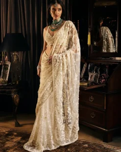 Ivory Three-Dimensional Sari With Strappy Blouse