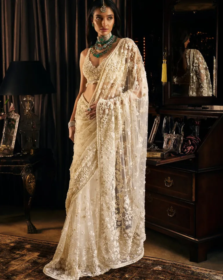 Ivory Three-Dimensional Sari With Strappy Blouse