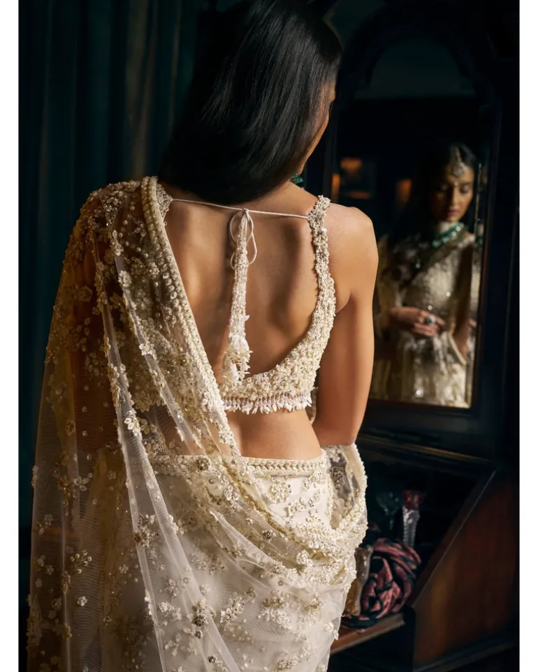 Ivory Three-Dimensional Sari With Strappy Blouse