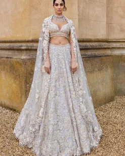 Ivory Three-Dimensional With Exaggerated Pearl Tassels Lehenga Set
