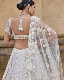Ivory Three-Dimensional With Exaggerated Pearl Tassels Lehenga Set