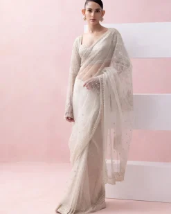 Ivory Tulle Pre-Stitched Sari With Umbrella Sleeve Blouse