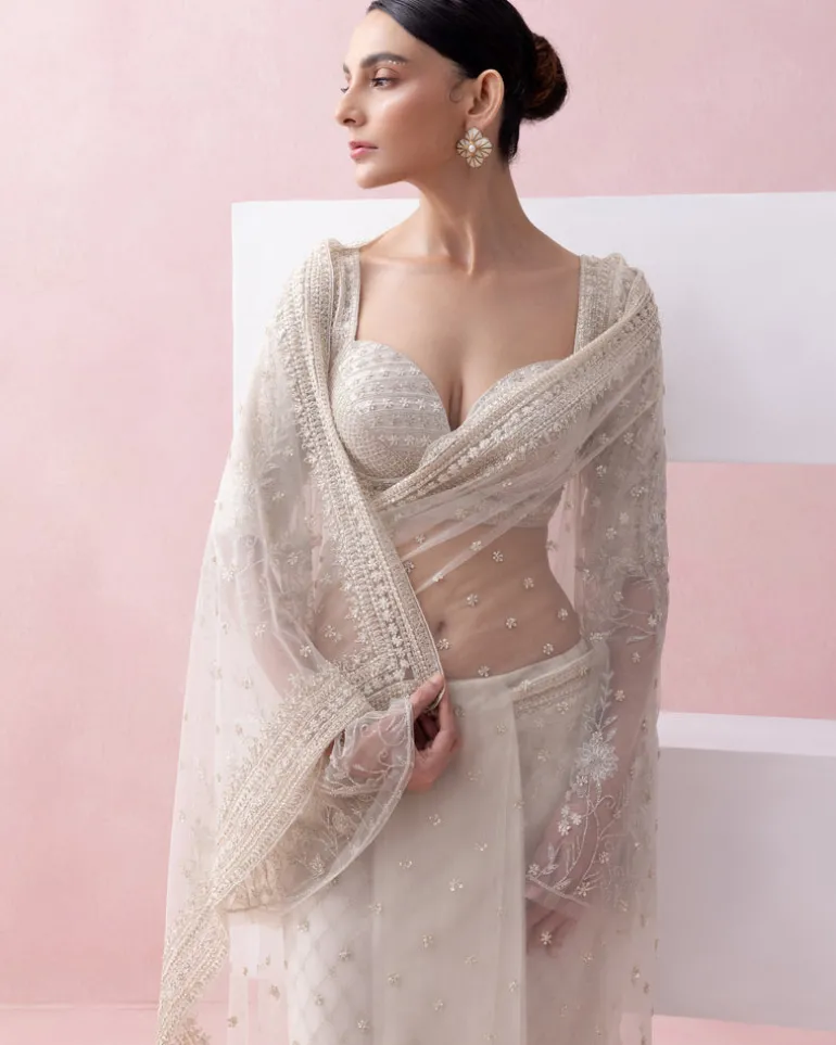 Ivory Tulle Pre-Stitched Sari With Umbrella Sleeve Blouse