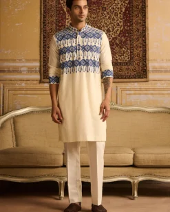 Ivory With Indigo Blue Geometric Embroidered Kurta With Ivory Pants