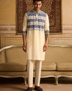 Ivory With Indigo Blue Geometric Embroidered Kurta With Ivory Pants