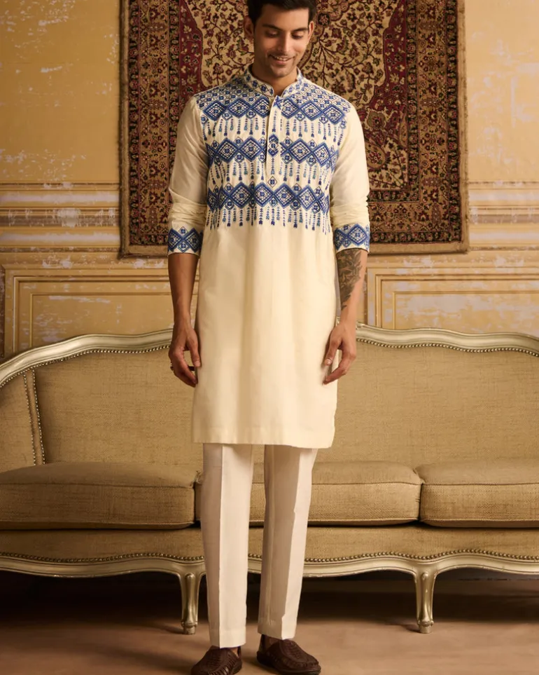 Ivory With Indigo Blue Geometric Embroidered Kurta With Ivory Pants