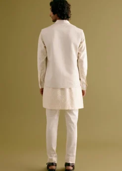 Ivory Woven Kurta Set With Dori Embroidered Bandi