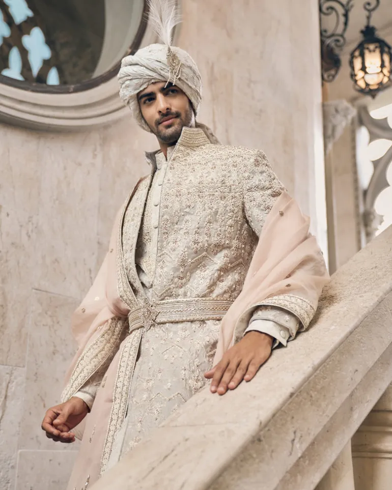Ivory Zardosi Embroidered Sherwani Set