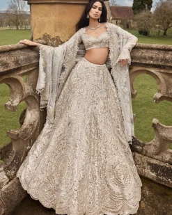 Jaal Cream Gold Mirror Lehenga Set