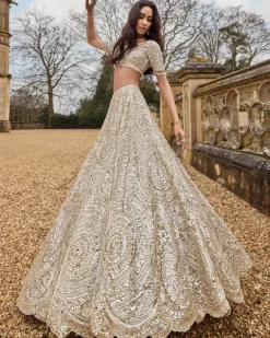 Jaal Cream Gold Mirror Lehenga Set