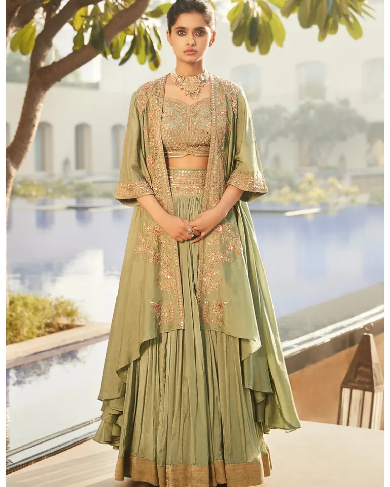 Jade Green Florentine Nayaab Cape Lehenga