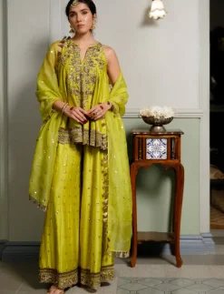 Jahanana Mehendi Green Embroidered Short Anarkali And Sharara With Dupatta Set