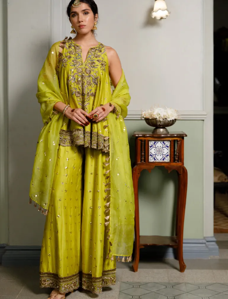 Jahanana Mehendi Green Embroidered Short Anarkali And Sharara With Dupatta Set