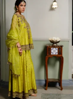Jahanana Mehendi Green Embroidered Short Anarkali And Sharara With Dupatta Set