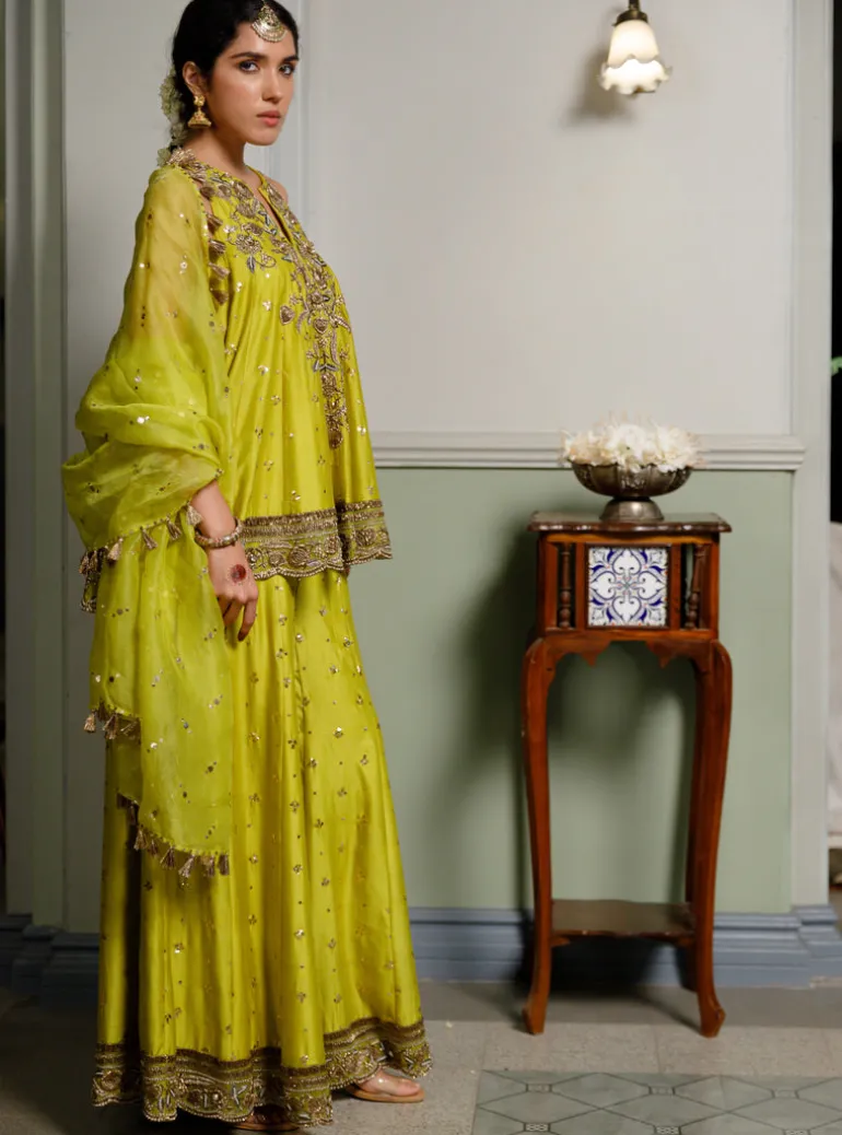 Jahanana Mehendi Green Embroidered Short Anarkali And Sharara With Dupatta Set