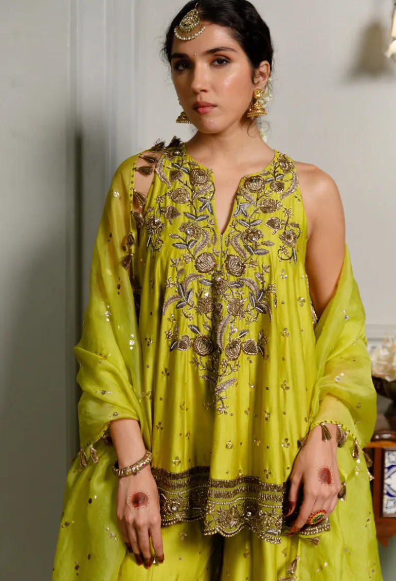 Jahanana Mehendi Green Embroidered Short Anarkali And Sharara With Dupatta Set