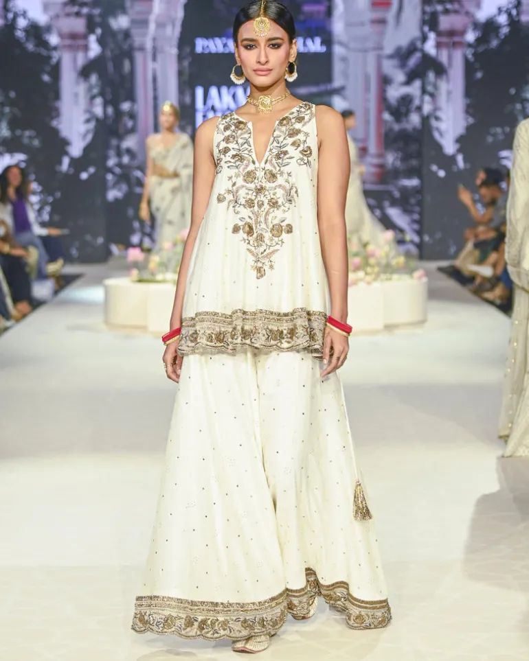 Jahanana Off White Embroidered Short Anarkali With Sharara And Dupatta Set