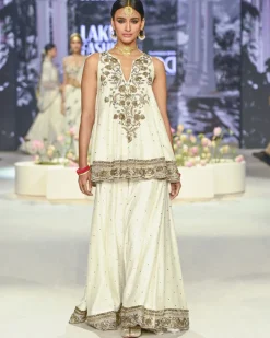 Jahanana Off White Embroidered Short Anarkali With Sharara And Dupatta Set