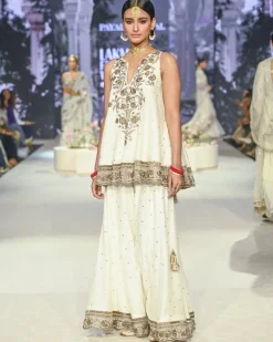 Jahanana Off White Embroidered Short Anarkali With Sharara And Dupatta Set