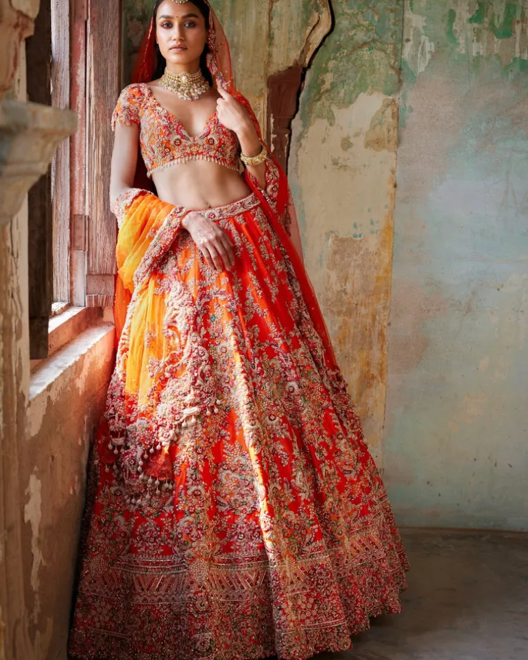 Juno Sunset Orange Raw Silk Bridal Lehenga Set